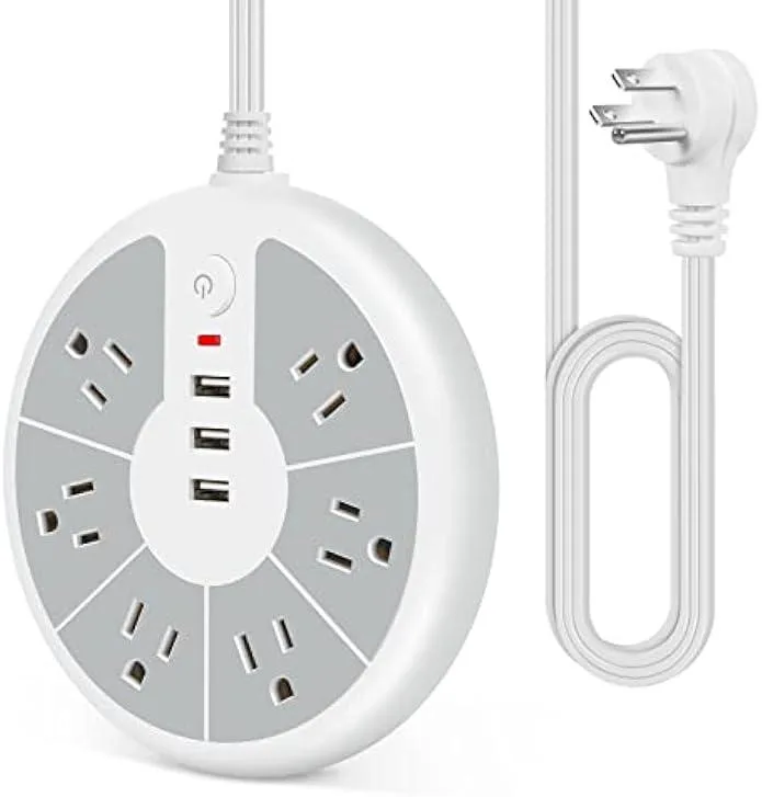 usbroway usbroway flat plug power strip 6 outlets 3 USB ports 5.5 ft cord 1250W 10A 5V 3.1A — product photo