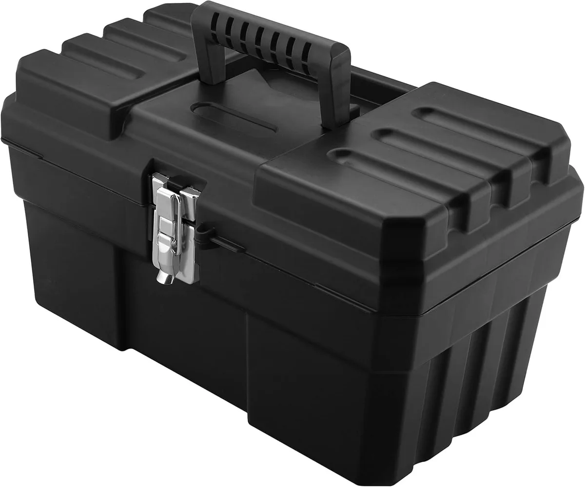 Black 14-inch plastic toolbox with removable tray and steel latch