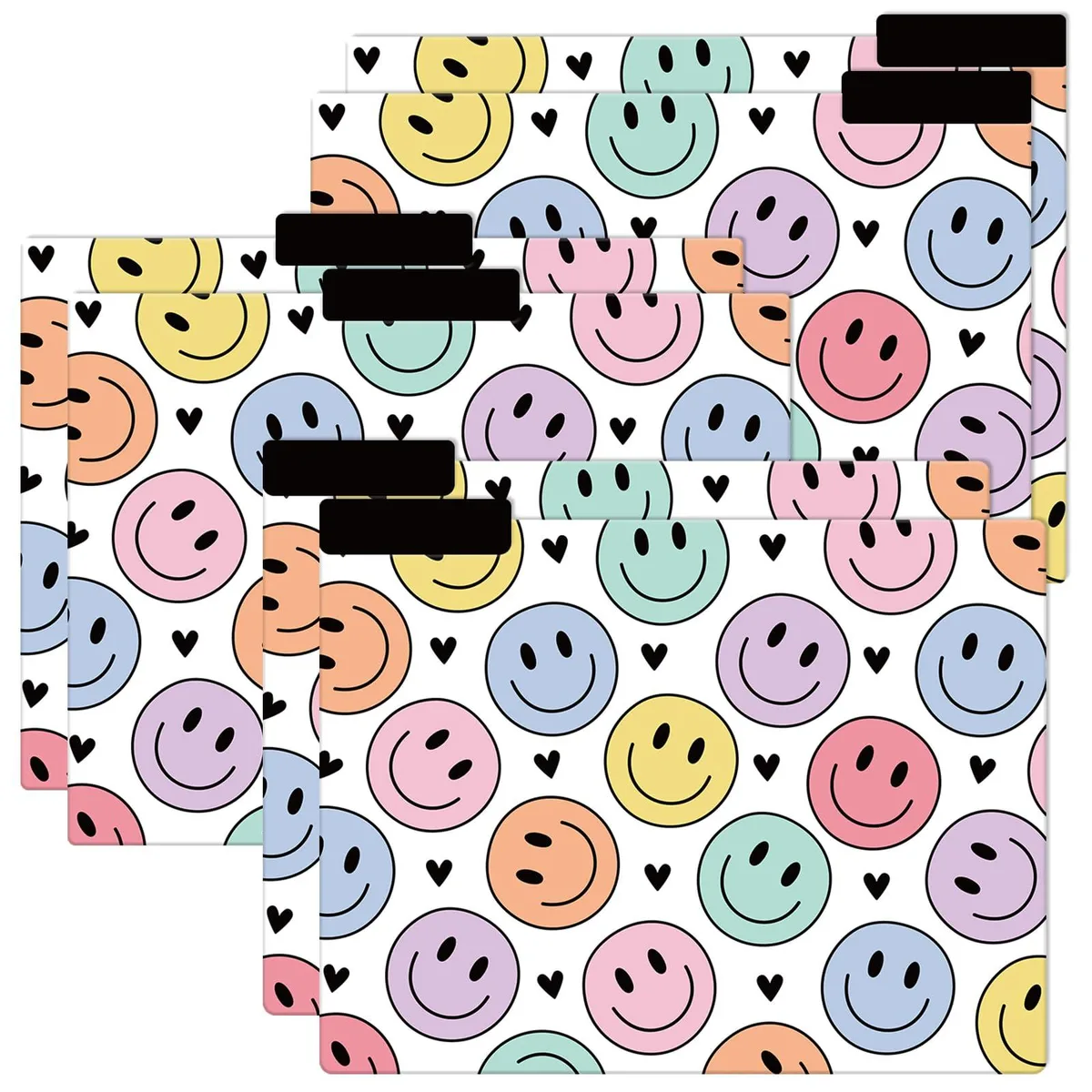 Twelve pastel paper folders with smiley faces and hearts in three designs