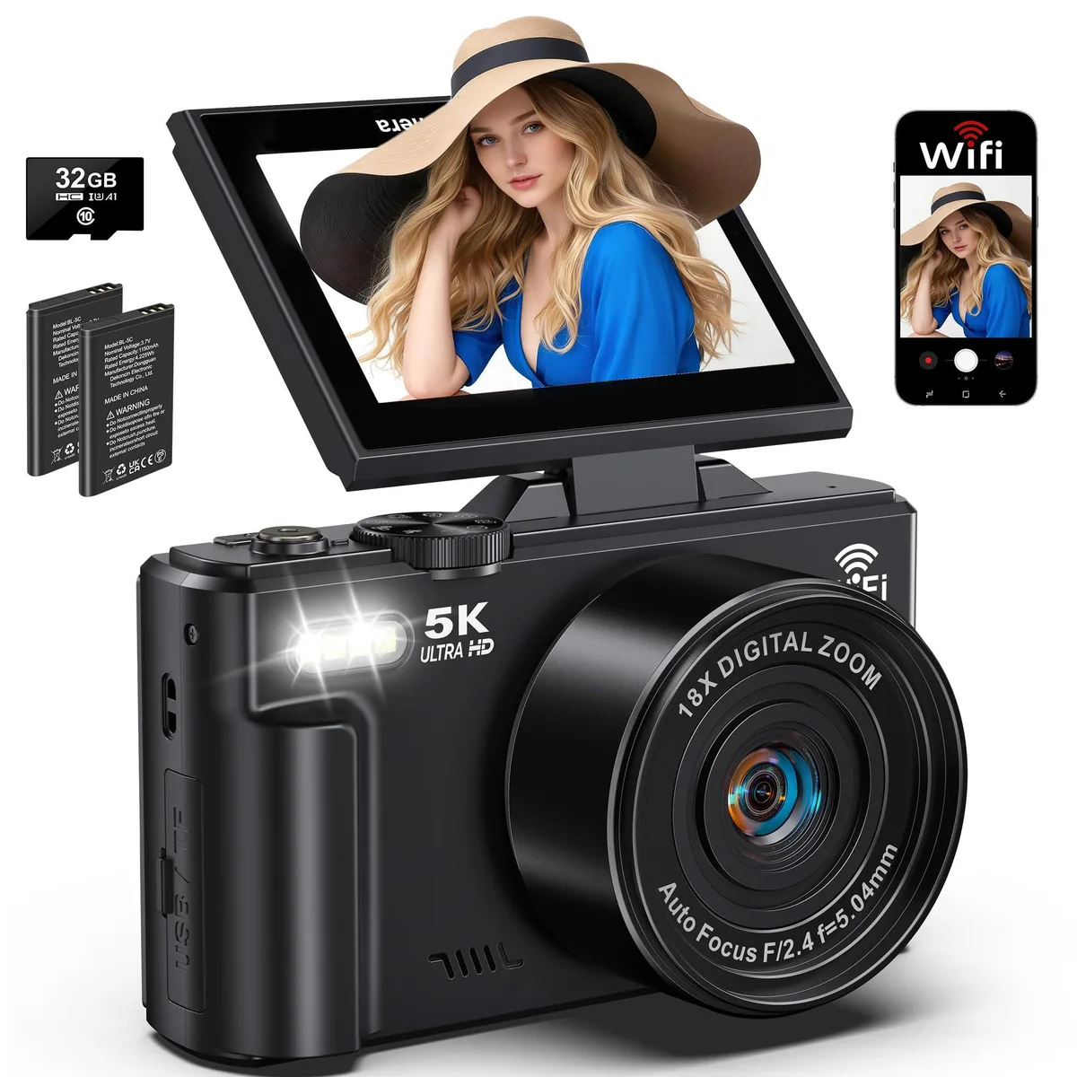 Lacegre DC080-005 5K 75MP DSLR Camera 3.0" Flip 18X Zoom WiFi — product photo