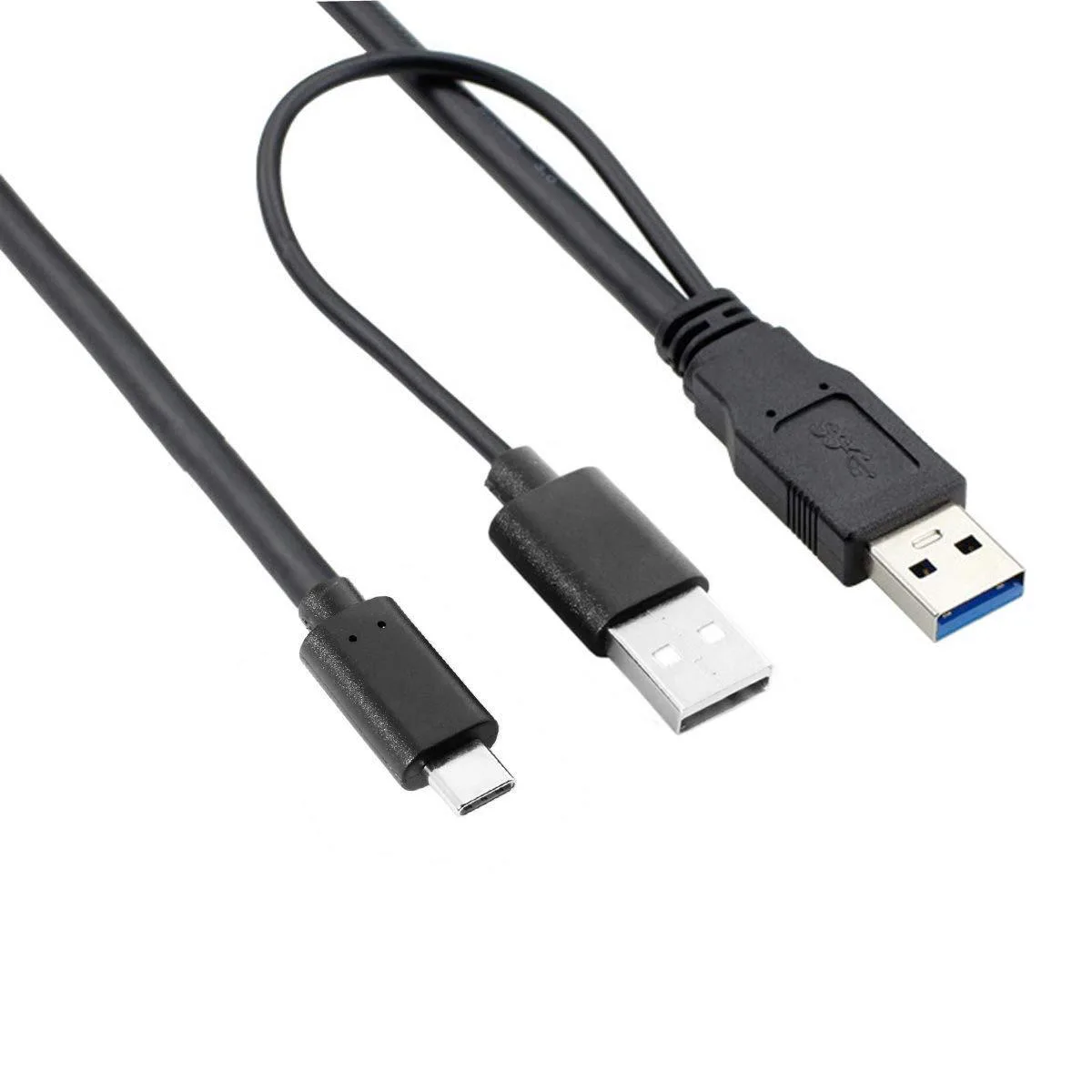 Black Y-cable with USB-C plug and two USB-A plugs, 60 cm long