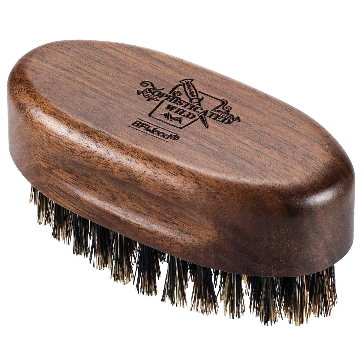 Oval black walnut beard brush with natural boar bristles, pocket-sized