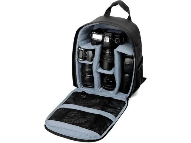 Medium grey waterproof nylon camera backpack with side tripod strap