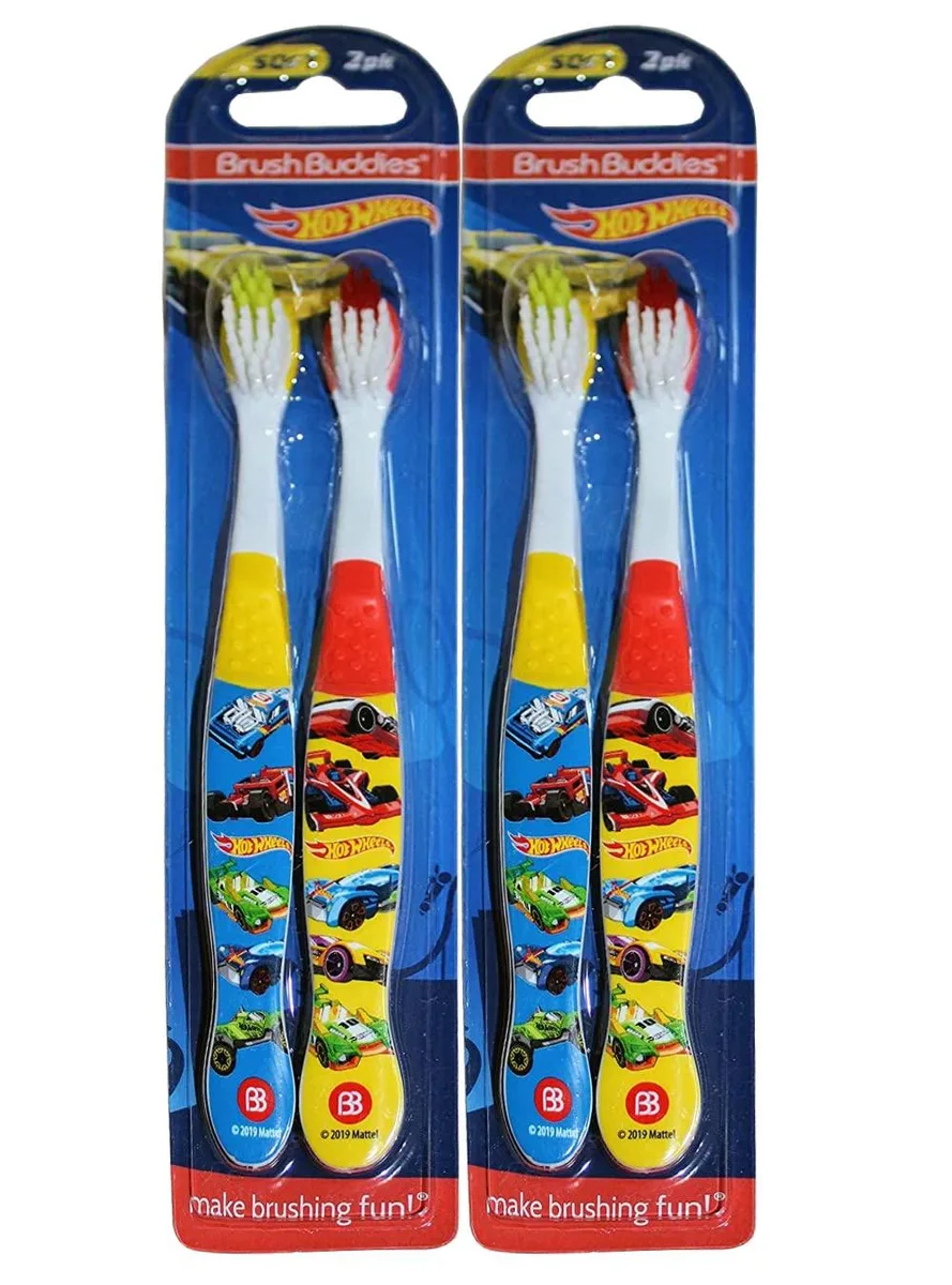 Four Hot Wheels toothbrushes in red yellow and blue handles with soft bristles