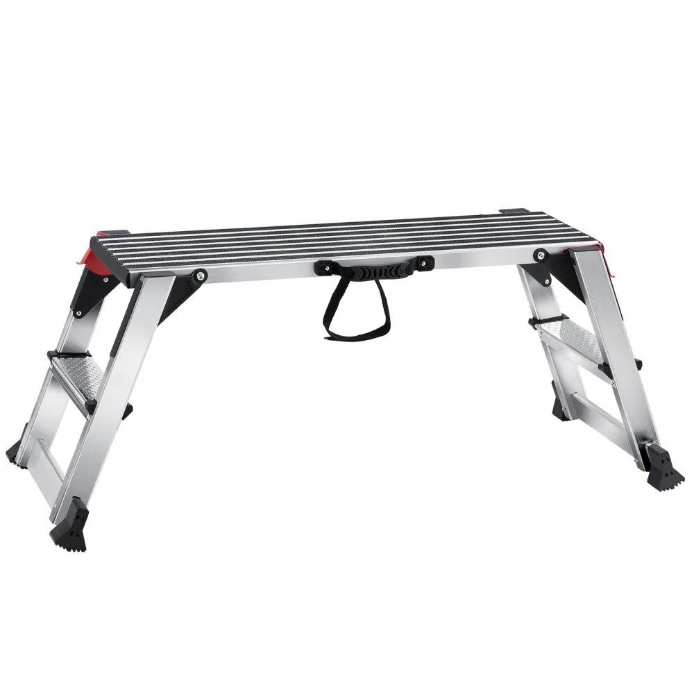 Aluminium folding work platform with handle and non-slip feet, shown open at 39.4 by 11.8 by 19.2 inches