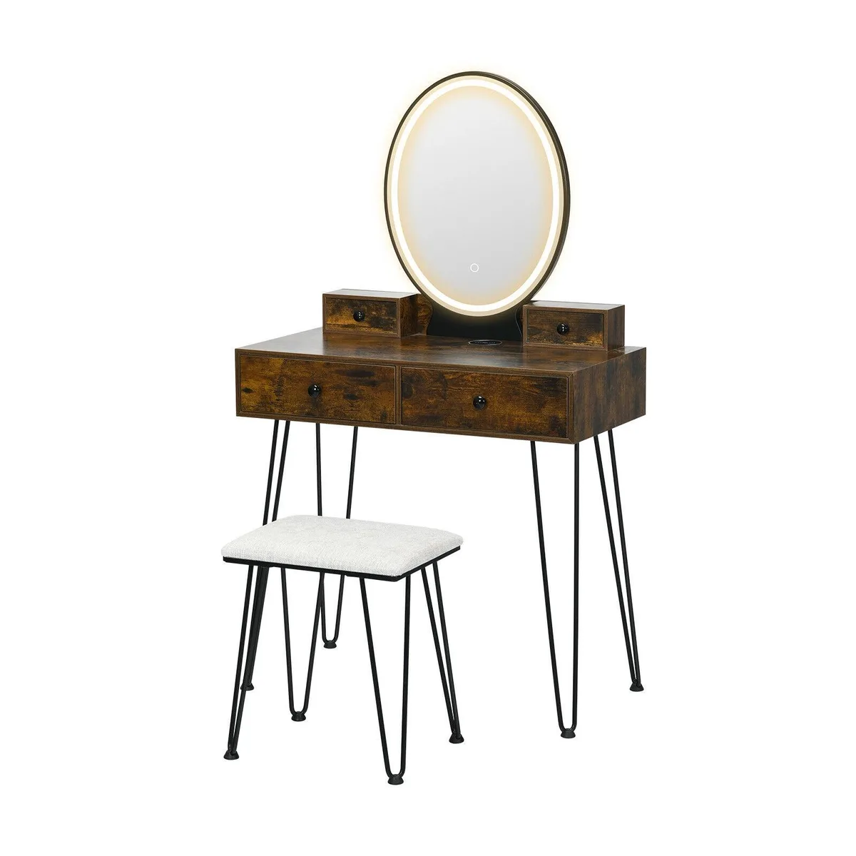 Brown vanity table with lighted mirror and matching stool