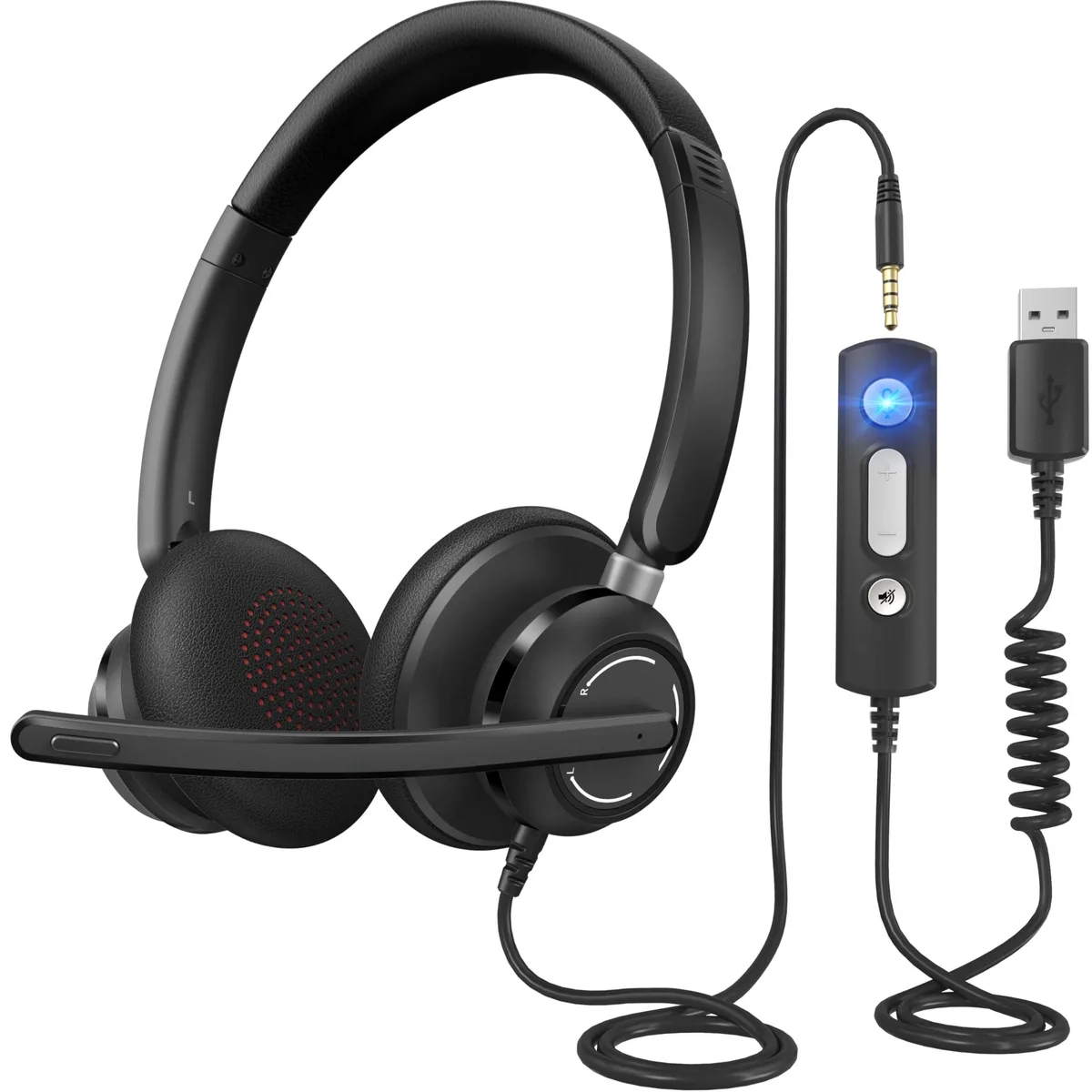 Black on-ear USB headset with rotatable boom mic and in-line controls