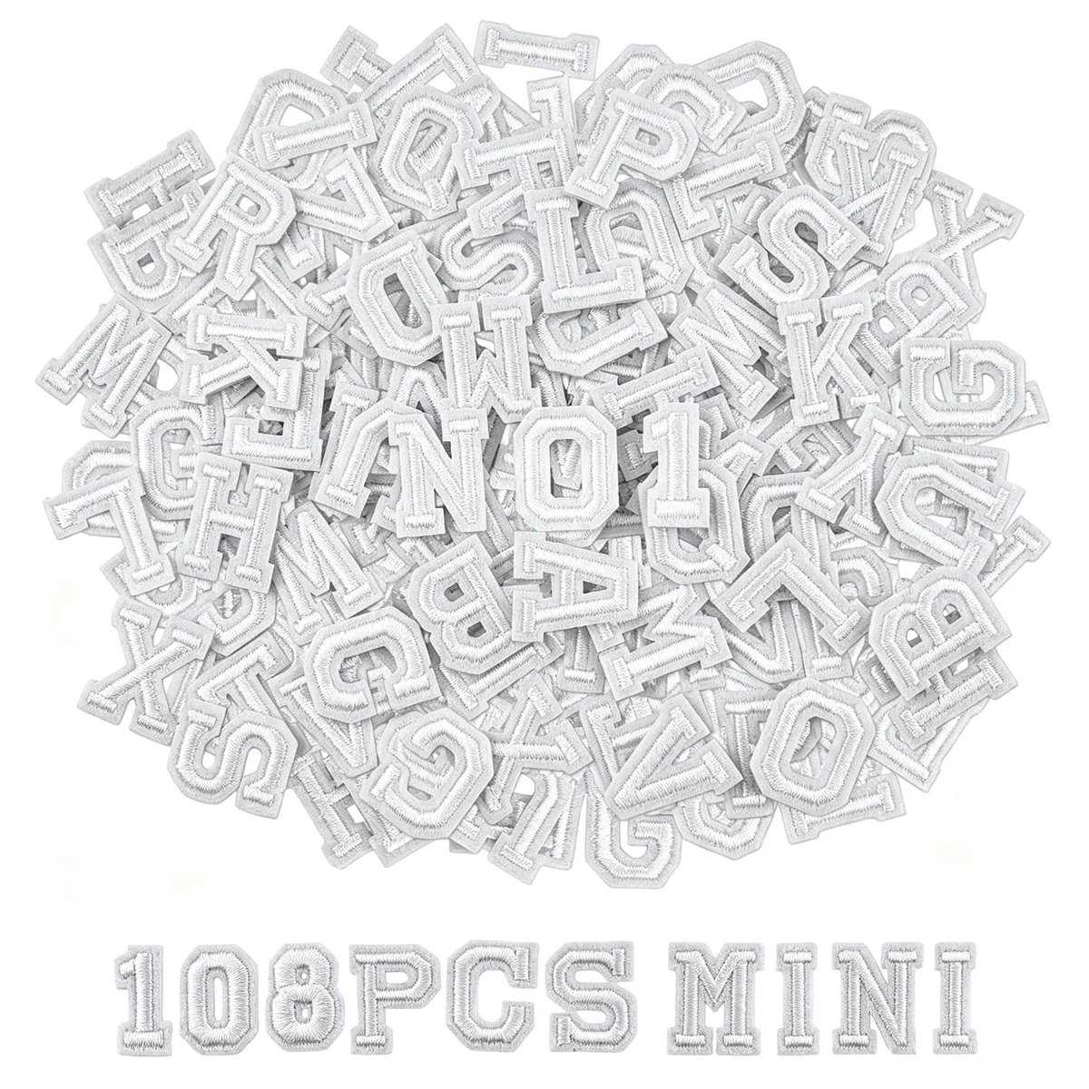 White embroidered polyester letter and number patches on backing card
