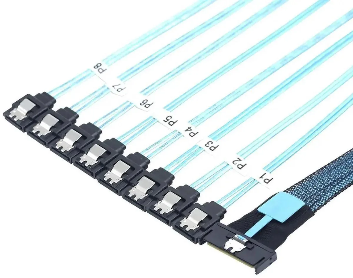 Short MCIO SFF8654 8i cable breaking out to eight straight SATA 7-pin female connectors, matte black finish
