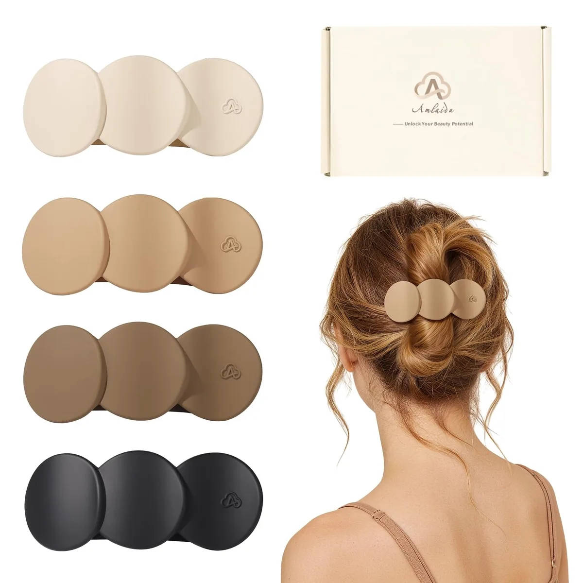 Four flat round hair clips in beige, light khaki, dark khaki and black, matte finish, 12.7 cm long