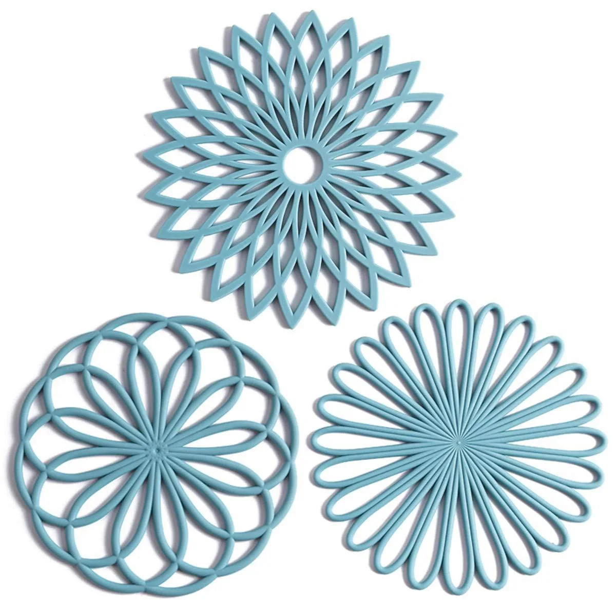 Three turquoise silicone trivet mats with different patterns
