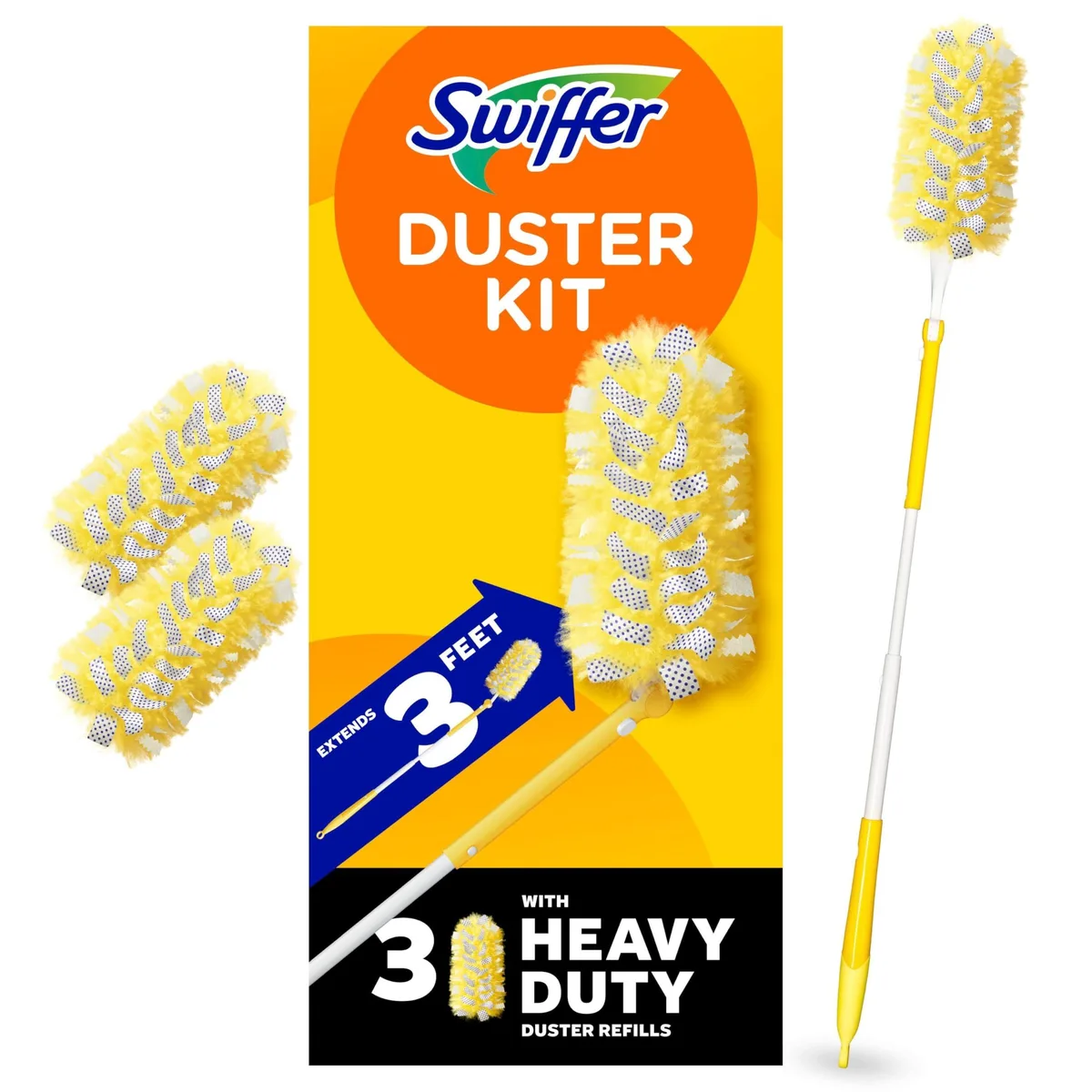 A duster kit with a three-foot extendable handle and three refill heads
