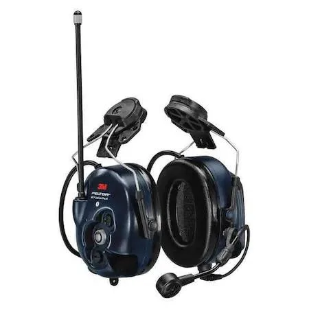 Blue helmet-mounted headset with stainless steel band and foam cushions