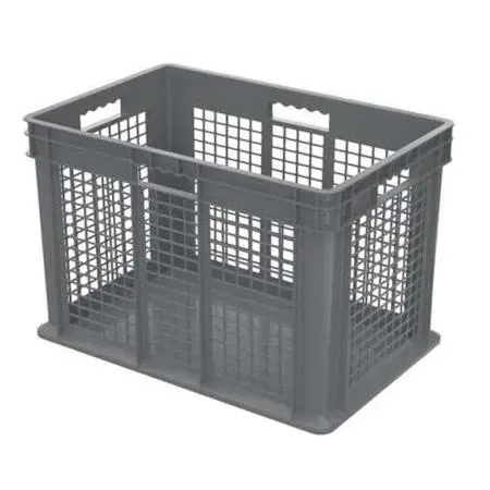 Grey vented plastic storage tote with straight walls and fork pockets, 26.6 gal