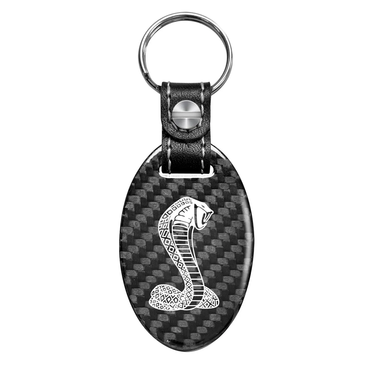 iPick Image, LLC iPick Image, LLC Ford Mustang Cobra Real Carbon Fiber Oval Shape Black Leather Strap Key Chain — product photo