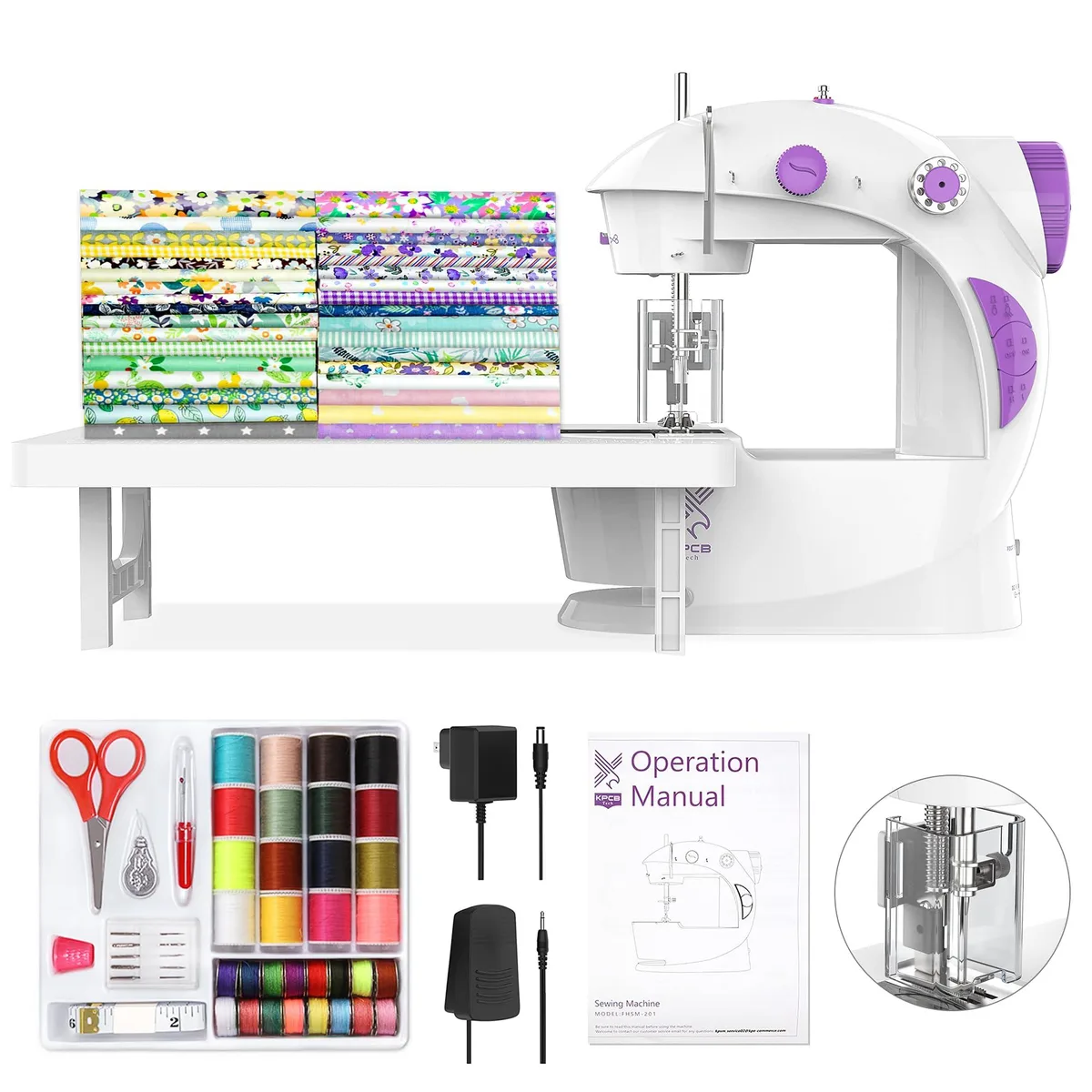 White mini sewing machine with extension table, foot pedal and fabric bundles