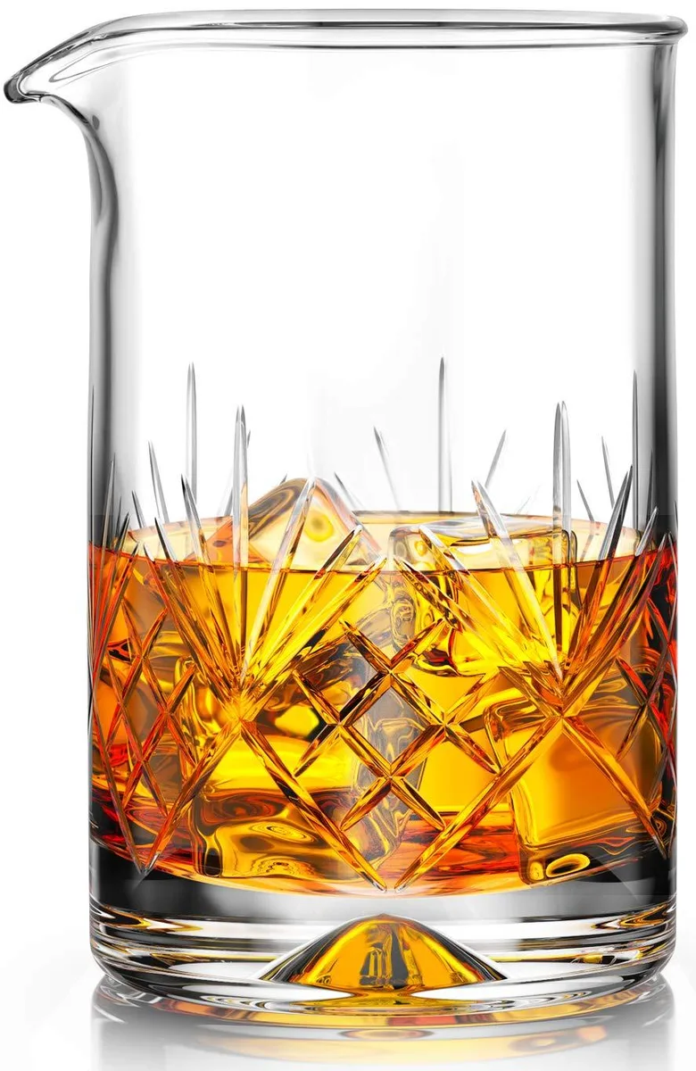 Clear crystal mixing glass, thick weighted base, pouring spout, 18oz capacity