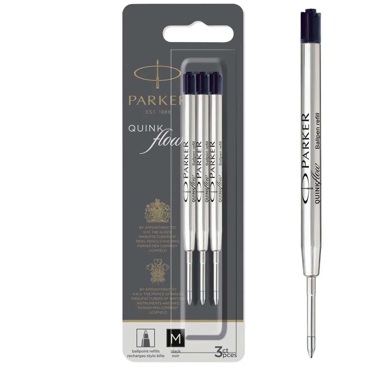 Three black Parker QUINKflow ballpoint refills medium tip