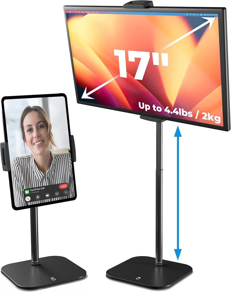 Tall black aluminium tablet stand with adjustable arm and weighted base