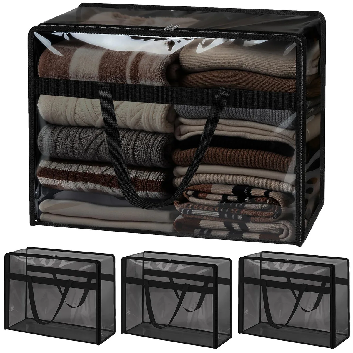 Four black translucent PVC storage bags with reinforced handles and double metal zippers