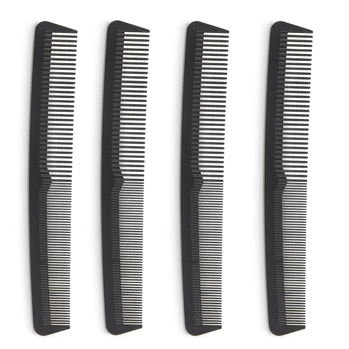 Four black carbon-fibre styling combs, seven inches long, fine and wide teeth