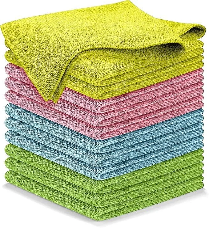 Stack of twelve square microfiber cloths in sealed bag