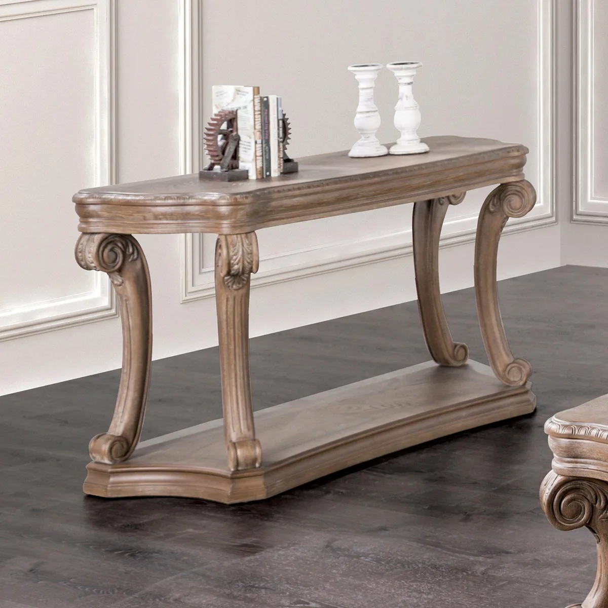 tuphen tuphen Sofa Table Oak Finish Scroll Legs Open Shelf — product photo