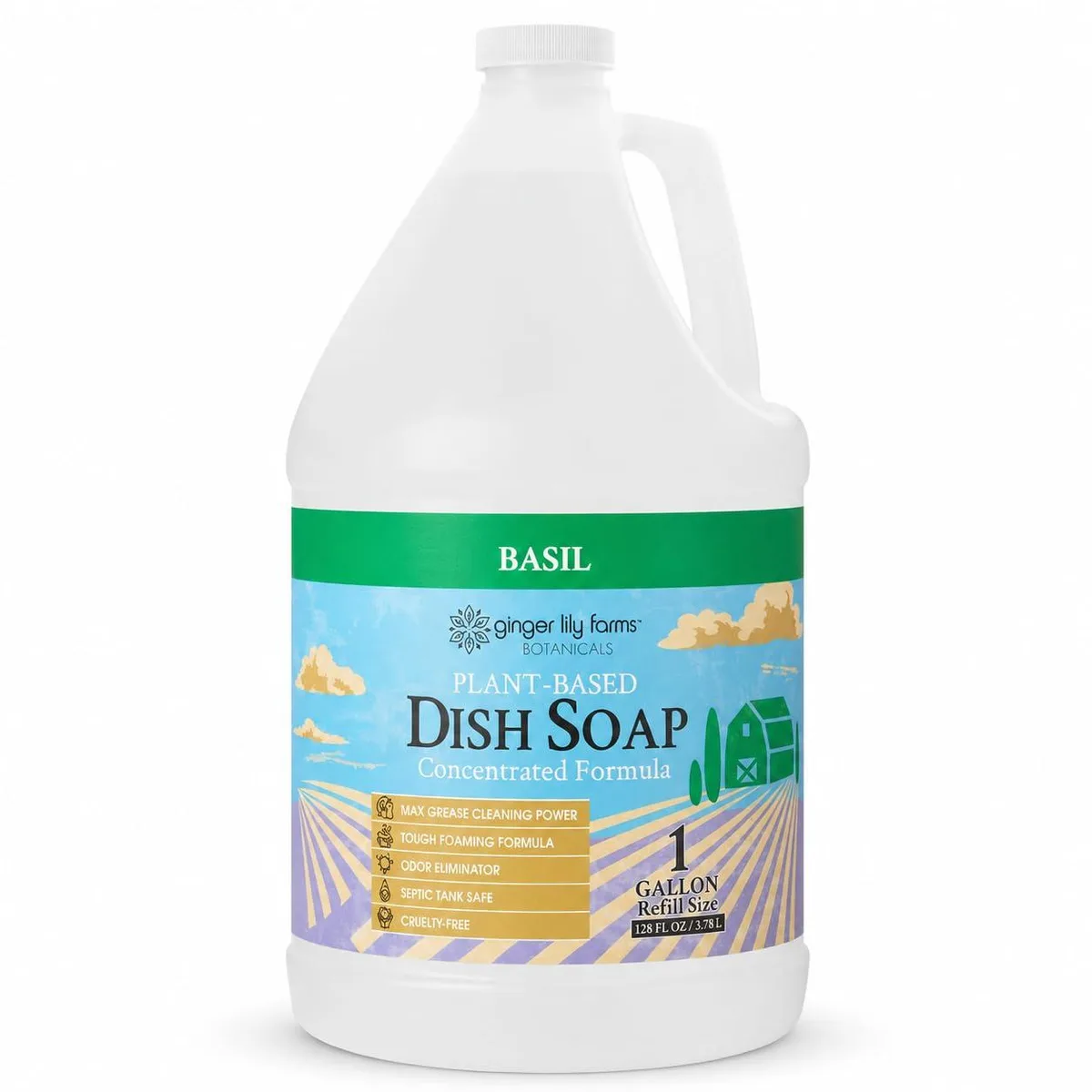 Clear liquid plant-based dish soap in one-gallon refill jug