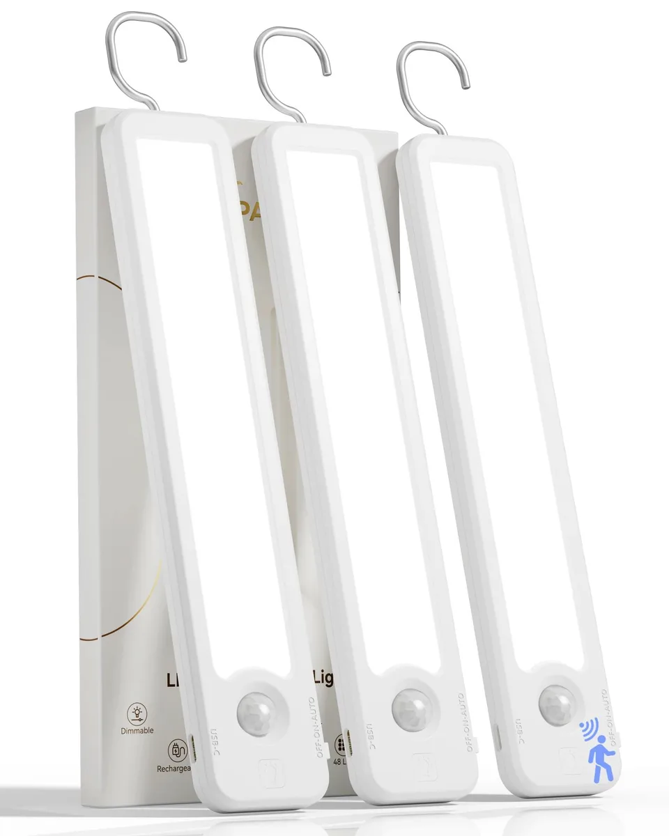 Three slim white LED bars with clear prismatic lenses, 9.4 inches long, magnetic or adhesive mount, USB-C charging cable included