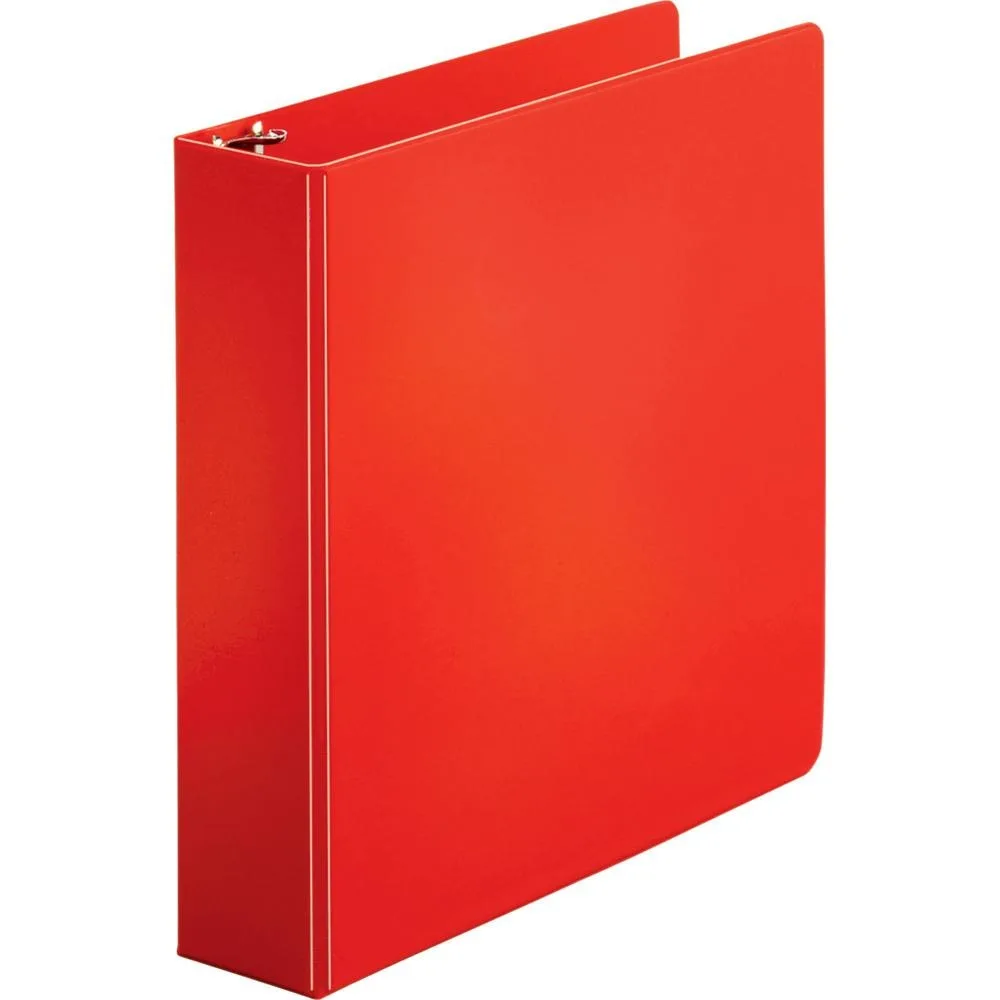 Red vinyl three-ring binder with two interior pockets and exposed rivets