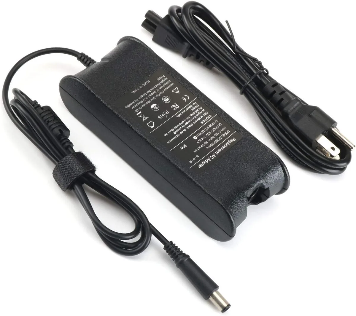 Black rectangular laptop power adapter with 7.4mm barrel connector and detachable mains cable