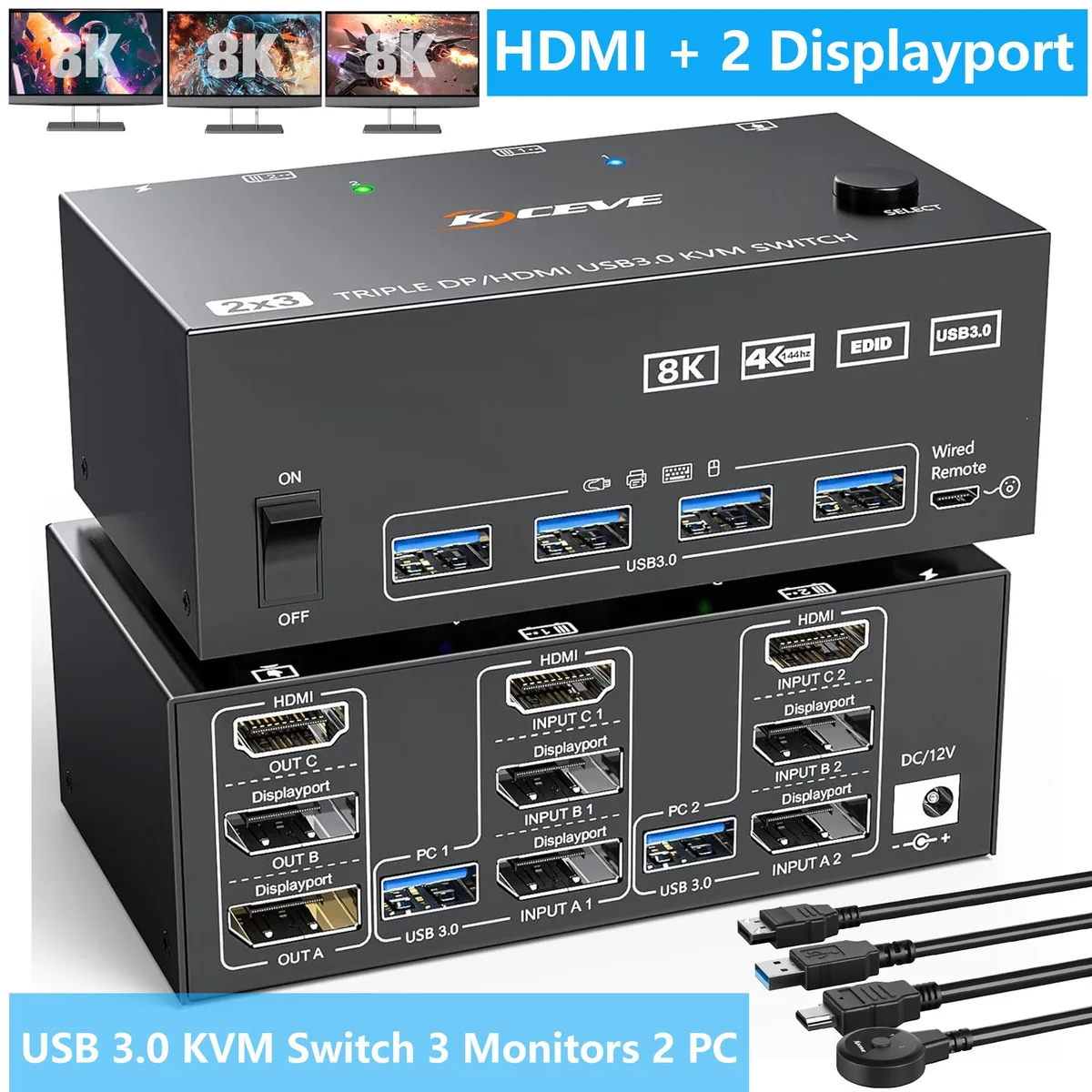 SMA SMA Triple Monitor USB 3.0 KVM Switch 2 PC 3 Monitors 8K@60Hz 4K@144Hz HDMI 2 DisplayPort Wired Remote — product photo
