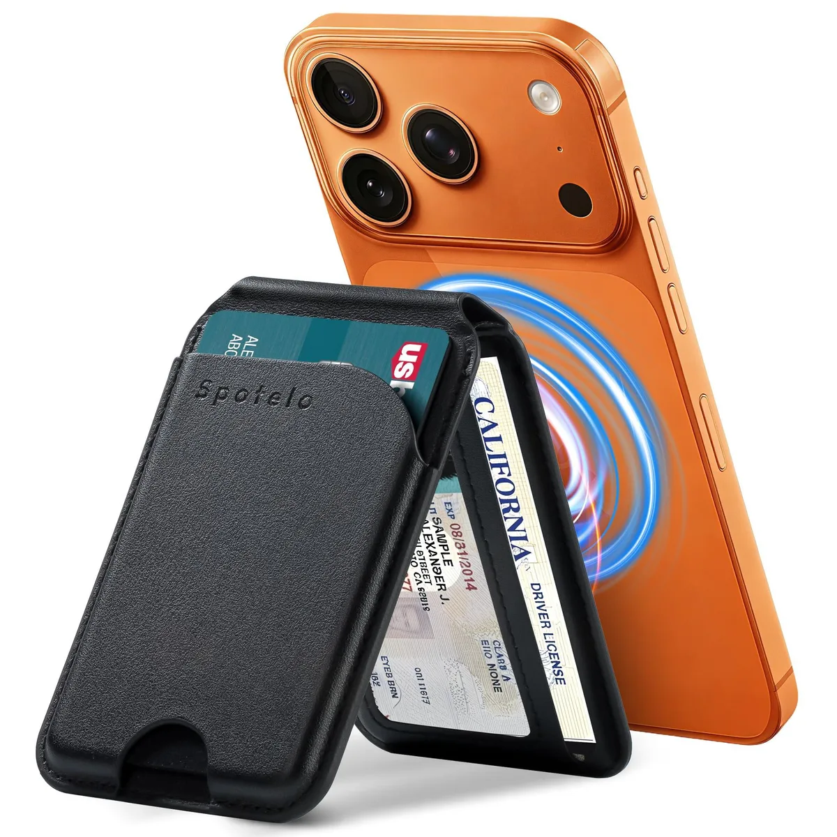Black vegan leather magnetic wallet with adjustable stand and three card slots