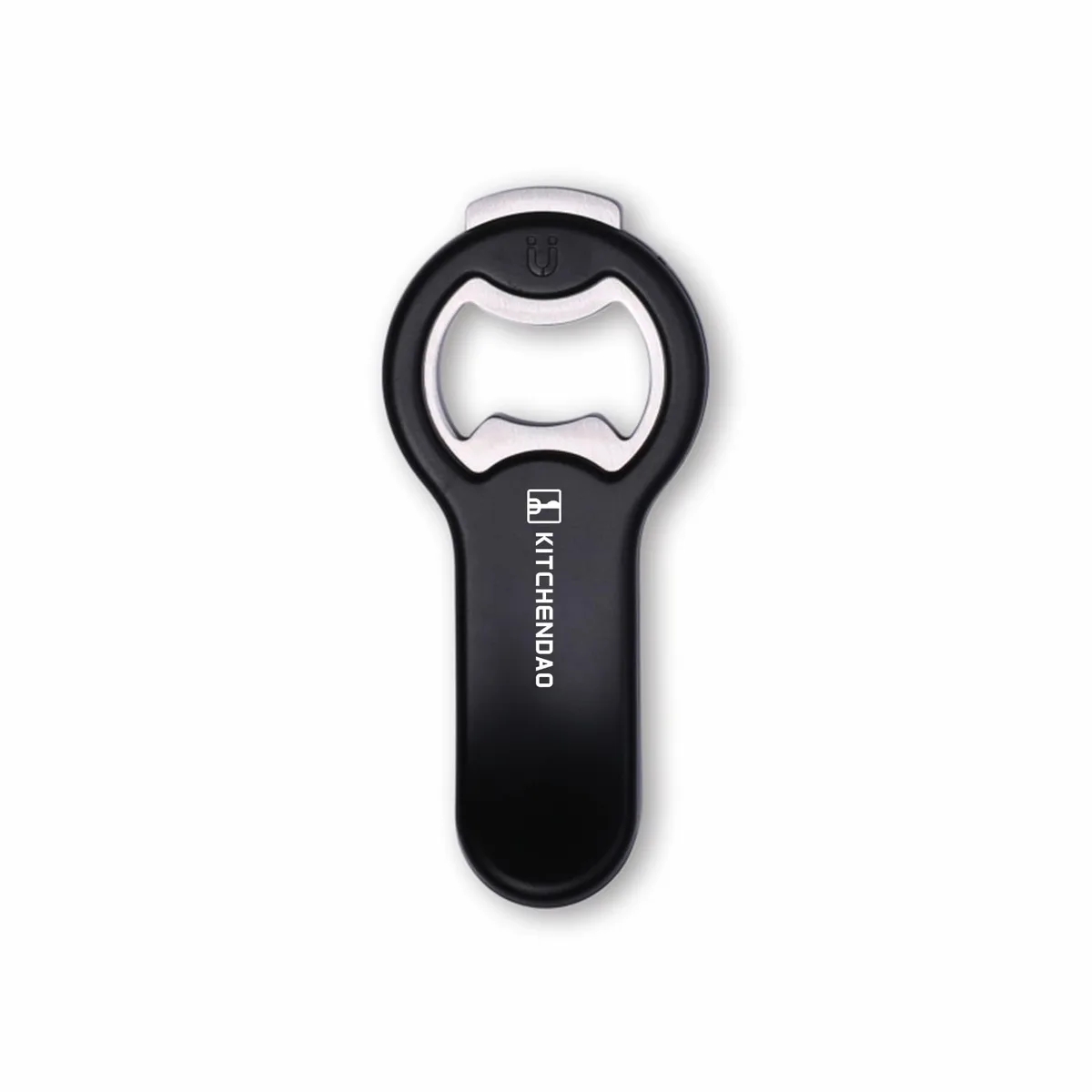 Flat magnetic 2-in-1 bottle and can opener with cap catcher and tilt-up tail