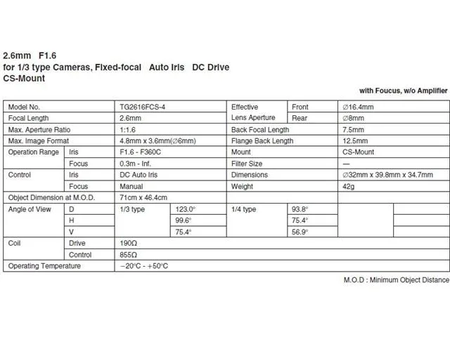 Computar Ganz Computar Ganz TG2616FCS-L 1/3" 2.6mm f1.6 DC Auto Iris CS Mount cctv camera — product photo