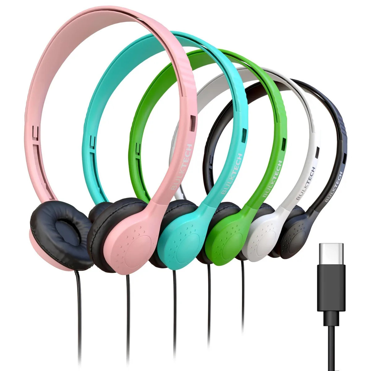 Five wired USB-C on-ear headphones in assorted colors with leather cushions and adjustable headbands