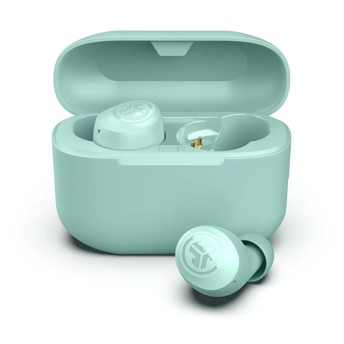 Mint green true wireless earbuds in compact charging case