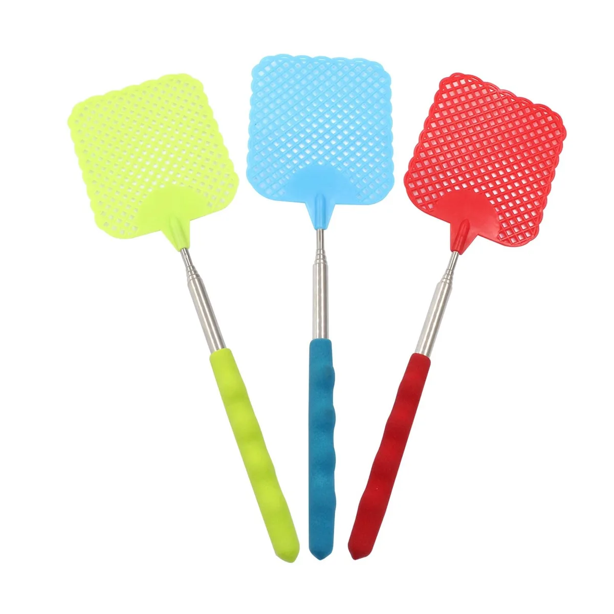 Three telescopic fly swatters in blue, green and red with plastic heads and metal handles
