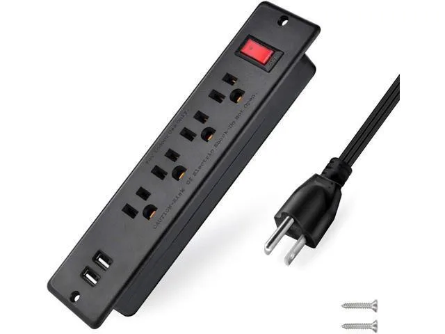 White rectangular recessed power strip with four AC outlets two USB ports and a long black cord