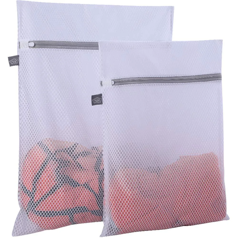 Two white mesh laundry bags with honeycomb pattern and zippers, sizes 16 by 20 and 12 by 16 inches
