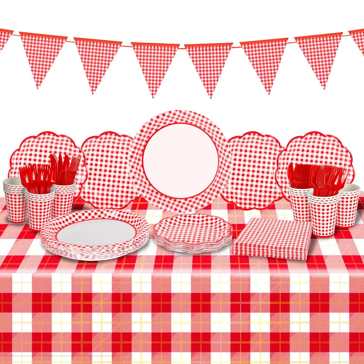 Red and white gingham banner with matching disposable party set