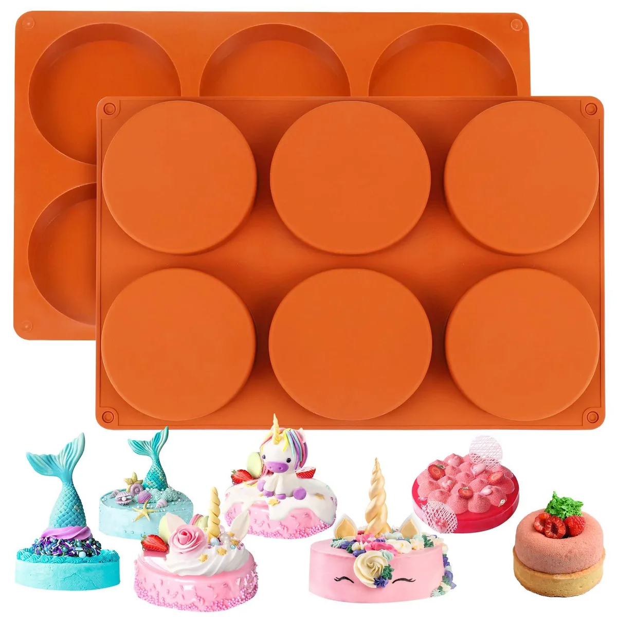 Two flexible silicone trays each with six round cavities 3.93in diameter