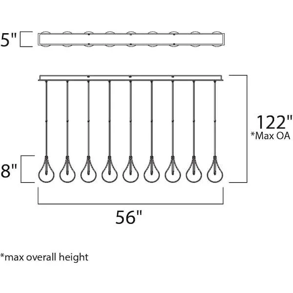 Nine clear teardrop pendants on polished chrome linear bar, adjustable aircraft cables
