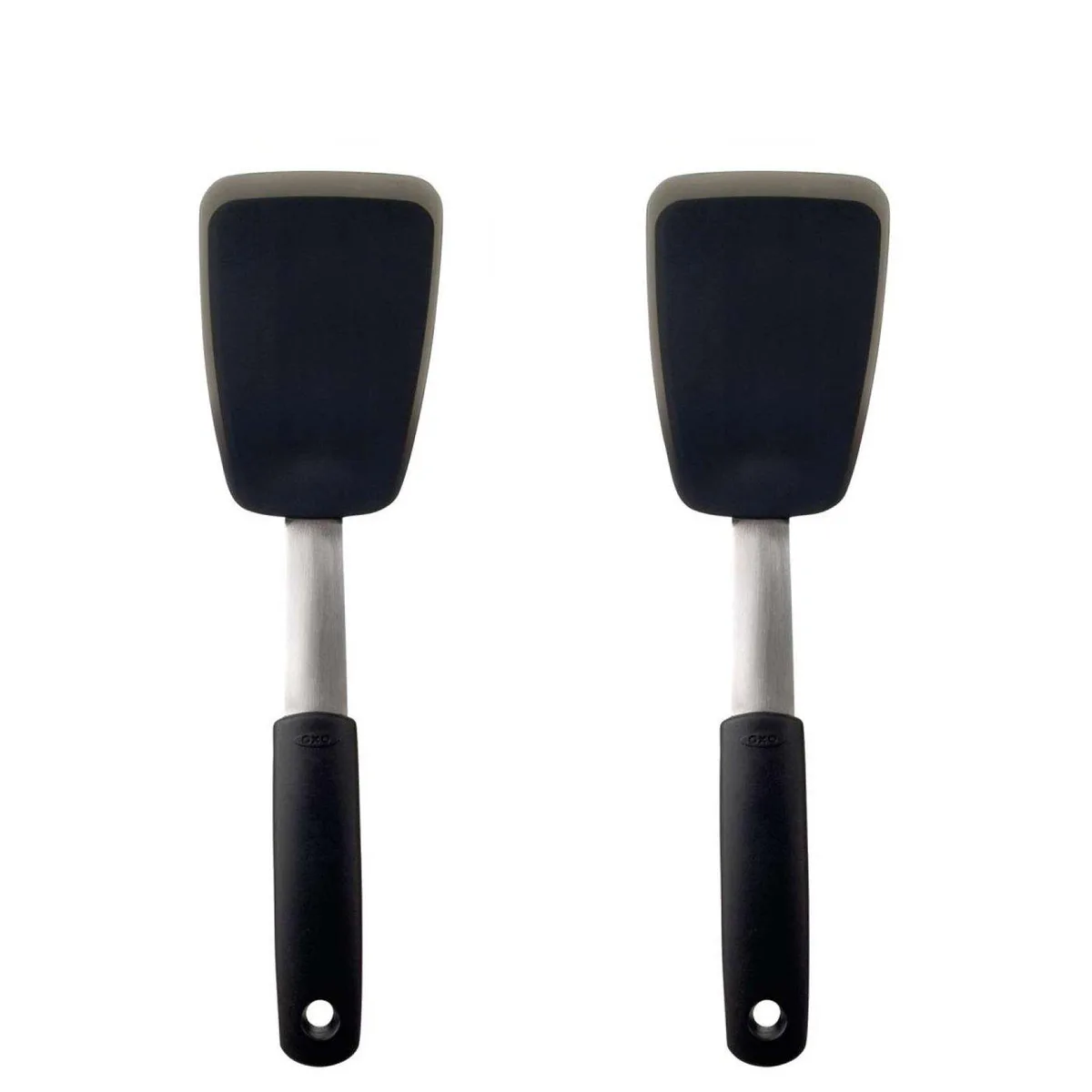 Two black silicone flexible turners with soft non-slip handles