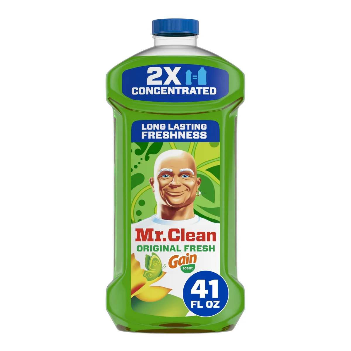 White plastic bottle with orange cap and blue label, 41oz multi-surface cleaner