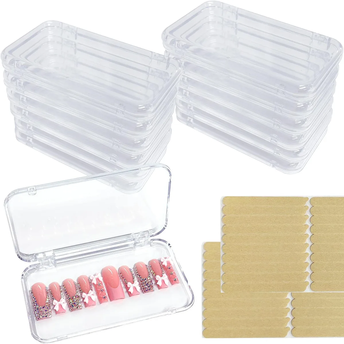 Fourteen clear acrylic nail storage boxes with lift-off lids and sixty adhesive tapes