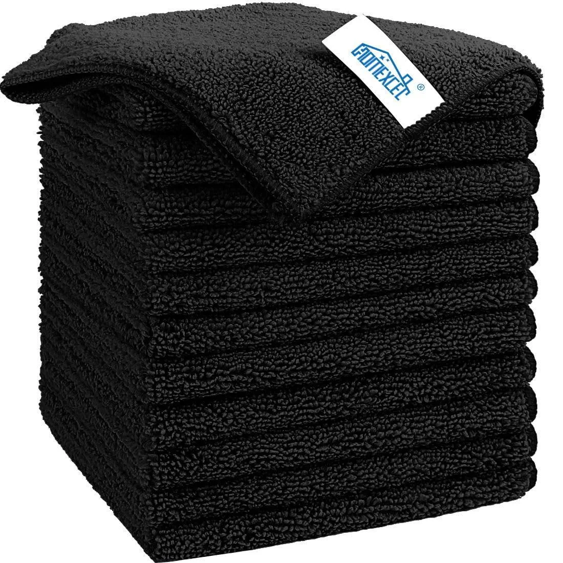 Twelve black microfiber towels stacked, each 11.5 inches square with a soft plush finish