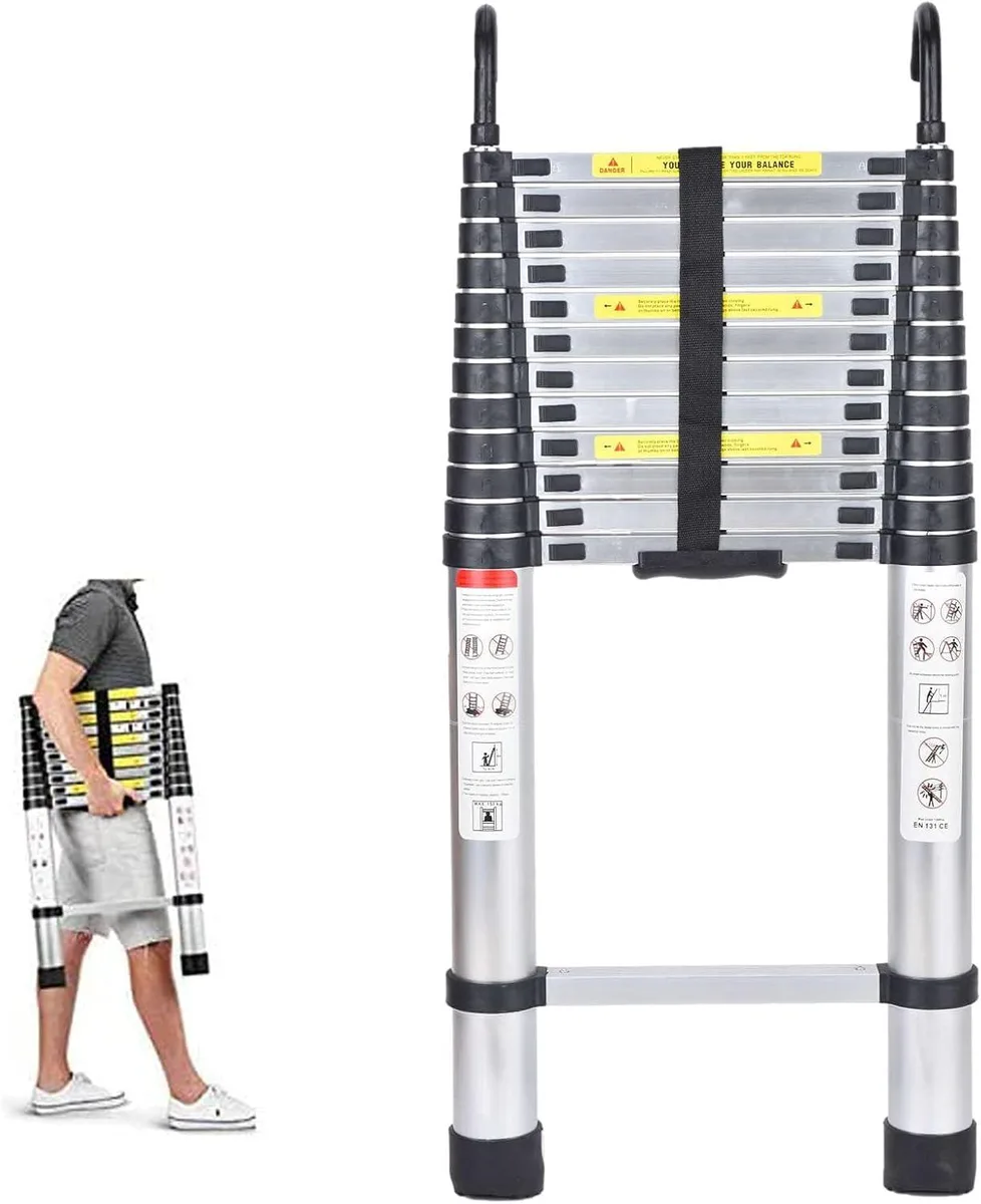 Silver aluminium telescopic ladder, 13 rungs, collapsed to 3.2 ft with rubber feet and hooks