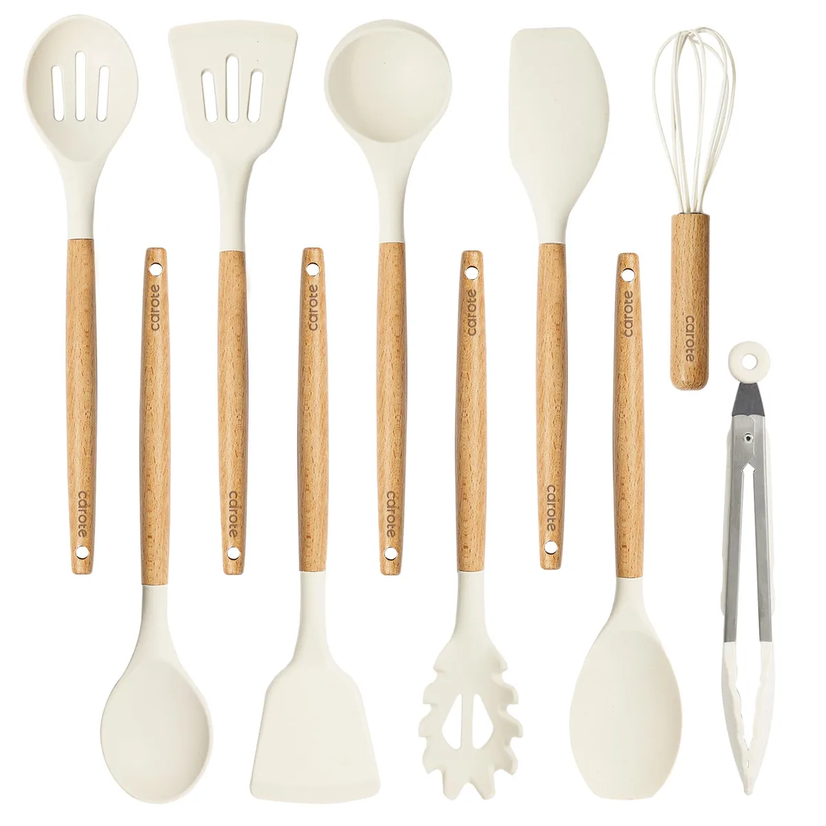 A 10-piece cream-white silicone utensil set with wood handles in a row