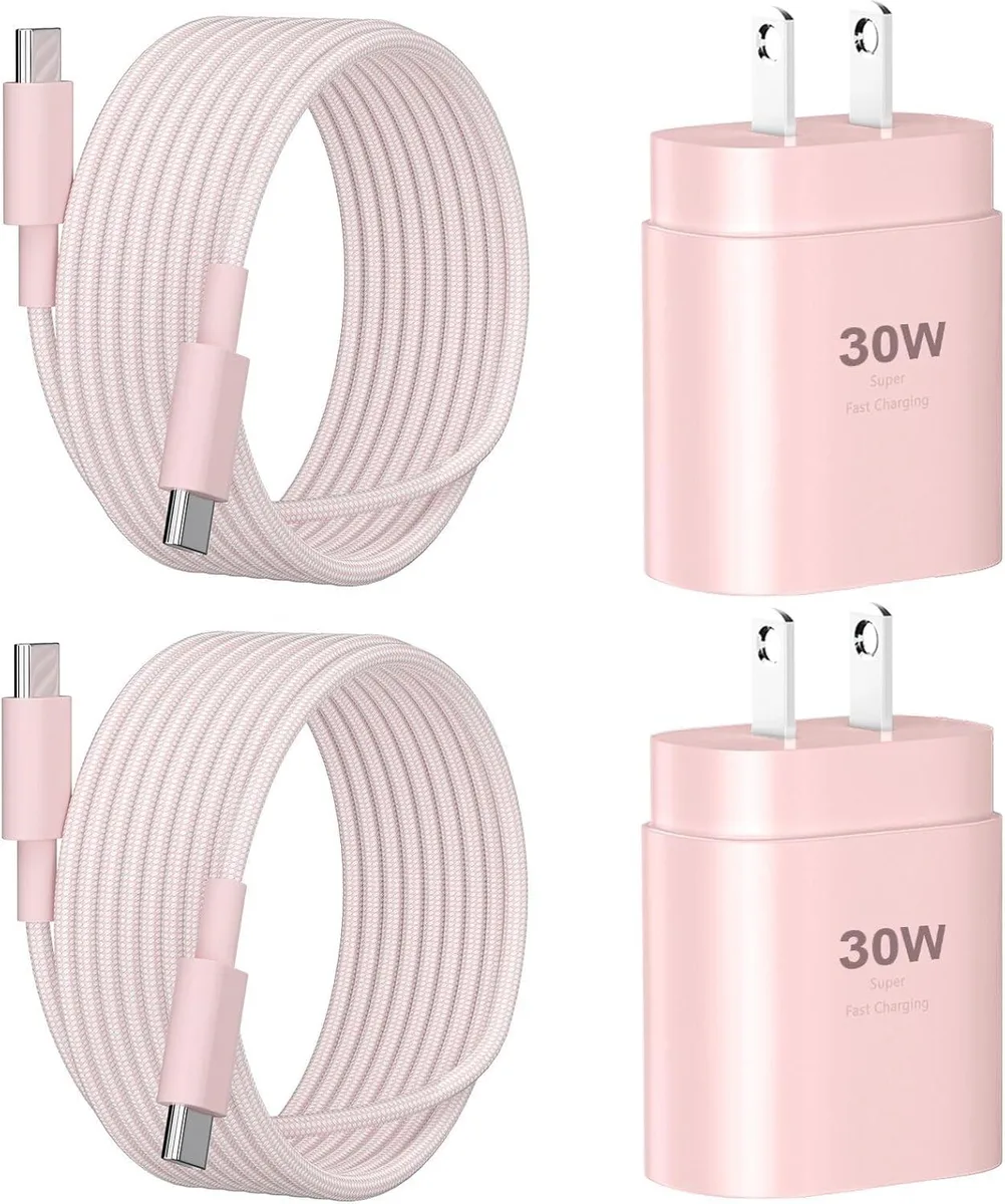 30W USB-C charger with 10ft cable, pink — product photo